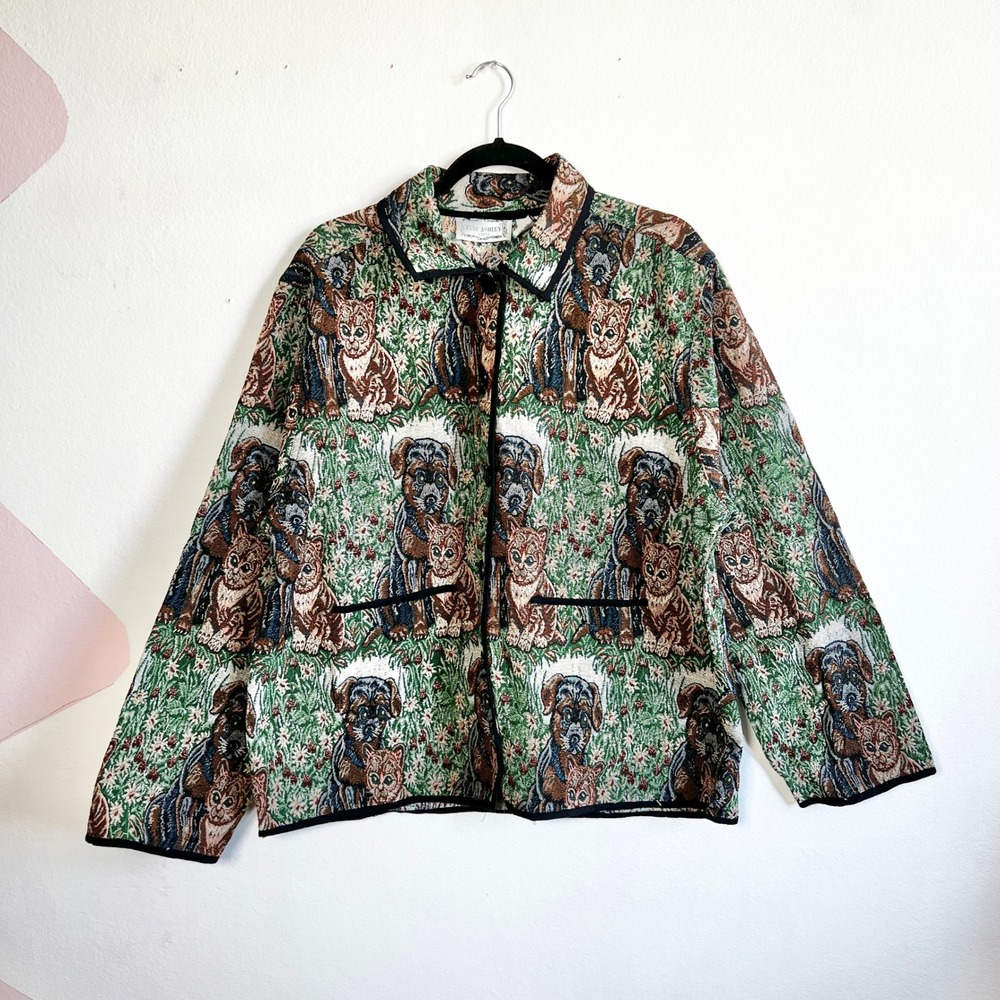 Jane‎ Ashley Tapestry Jacket Cat Dog Print Cottagecore Sz 1X